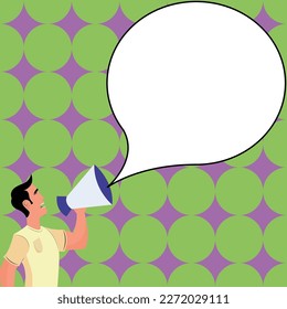 Man holding megaphone in hand and presenting important information. Big white dialog box with main message on bright background. Color vector illustration.