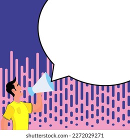Man holding megaphone in hand and presenting important information. Big white dialog box with main message on bright background. Color vector illustration.