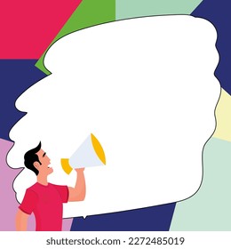 Man holding megaphone in hand and presenting important information. Big white dialog box with main message on bright background. Color vector illustration.