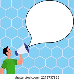 Man holding megaphone in hand and presenting important information. Big white dialog box with main message on bright background. Color vector illustration.