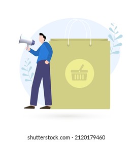 A man holding a megaphone in his hand, beckoning him to shop. Online store and offline shopping concept. There are shopping bags in the background. Flat Vector Illustration