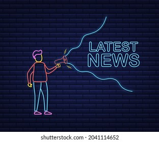 Man Holding Megaphone with Latest news. Megaphone banner. Web design. Neon style. Vector stock illustration.