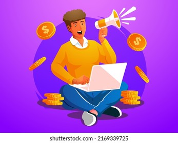 a man holding megaphone loudspeaker with laptop making a lot of money