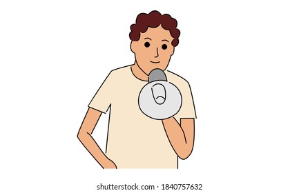 Man holding a megaphone, loudspeaker, shouting, announcing something