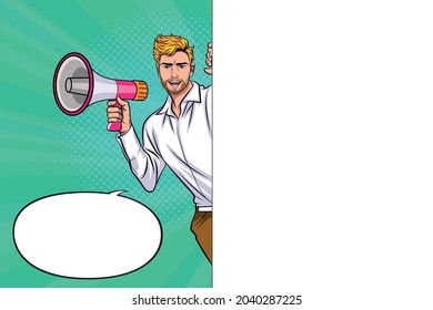 man holding a megaphone or loudspeaker showing displaying blank empty white board. Man advertises or presents your product. Announcement  pop art retro comic style