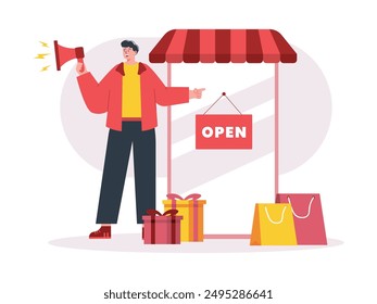 Hombre que sostiene el megáfono, que abre la tienda en el comercio electrónico con muchos regalos para los compradores. Diseño de personajes. Ilustración vectorial plana