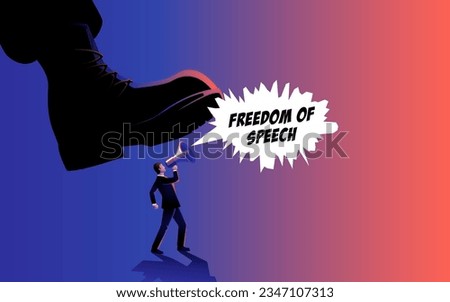 Man holding a megaphone, shouting his message as an army boots is about to step on him, symbolizes suppression. Representation of the struggle for expression and the power dynamics at play in society