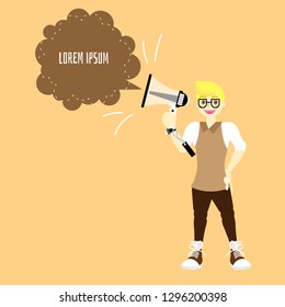 man holding megaphone, shouting with speech bubble, announcement concept, kawaii cute think,speak,talk,template,flat,design,vector,illustration text box cartoon character design
