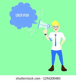 man holding megaphone, shouting with speech bubble, announcement concept, kawaii cute think,speak,talk,template,flat,design,vector,illustration text box cartoon character design