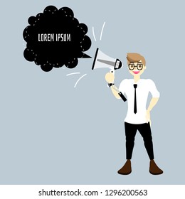 man holding megaphone, shouting with speech bubble, announcement concept, kawaii cute think,speak,talk,template,flat,design,vector,illustration text box cartoon character design