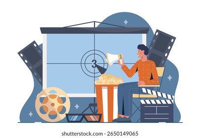 Man holding megaphone sits on director's chair with popcorn, film reel, clapperboard, and countdown screen in background. Cinema production concept. Vector illustration
