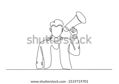 Man holding megaphone to speak up continuous one line drawing. Person holds megaphone speaker in single line art illustration. Editable vector.  