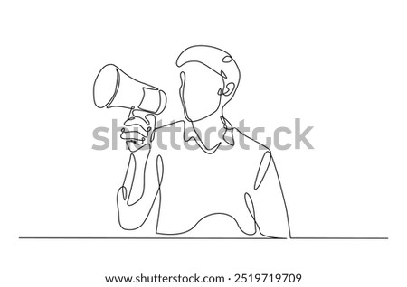 Man holding megaphone to speak up continuous one line drawing. Person holds megaphone speaker in single line art illustration. Editable vector.  