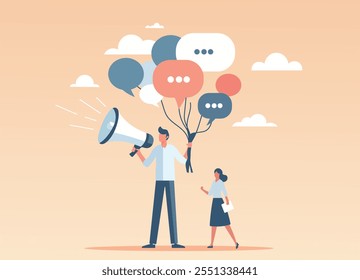 A man holding a megaphone and speech bubble balloons, standing with a woman holding documents. Perfect for communication,  speaking, marketing, teamwork, and spreading ideas in a modern illustration.