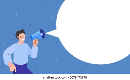 man holding a megaphone with speech bubbles. Megaphone notification. business promotion. call through the horn. Refer a friend word. Advertising concept. social media marketing. vector