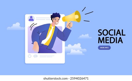 man holding a megaphone with speech bubbles. Megaphone notification. business promotion. call through the horn. Refer a friend word. Advertising concept. social media marketing. vector