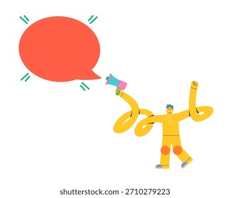 Man holding a megaphone with speech bubbles. Colorful vector illustration 
