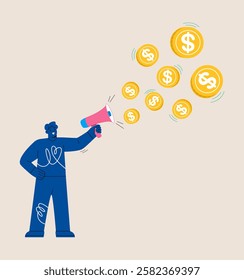 Man holding megaphone spread dollar coins. Business concept. Colorful vector illustration

