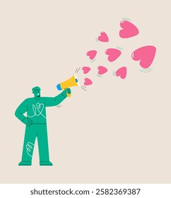 Man holding megaphone spread love. Spread love concept. Colorful vector illustration

