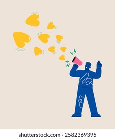 Man holding megaphone spread love. Spread love concept. Colorful vector illustration

