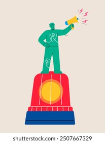 Man holding a megaphone standing on emergency siren. Colorful vector illustration
