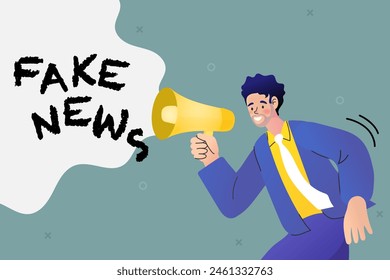 Man holding megaphone telling fake news and propaganda. publicity of false information online information. Press and mass media. untruth information spread. flat vector modern illustration.