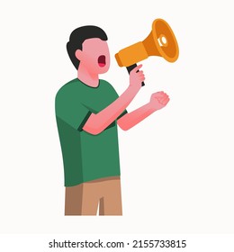 Man holding megaphone while speaking oration passionately flat design