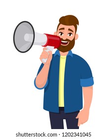 Man holding a megaphone/loudspeaker near to his mouth, shouting, announcing something. Man standing isolated in white background. Megaphone concept illustration in vector cartoon style.