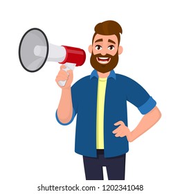 Man holding a megaphone/loudspeaker, shouting, announcing something while holding hand on hip. Man standing isolated in white background. Megaphone concept illustration in vector cartoon style.