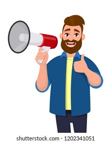 Man holding a megaphone/loudspeaker, shouting, announcing something and showing hand thumbs up sign/gesture. Man wearing casual and standing. Megaphone concept illustration in vector cartoon style.