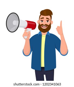 Man holding a megaphone/loudspeaker, shouting, announcing something and pointing up index finger. Man standing isolated in white background. Megaphone concept illustration in vector cartoon style.