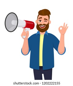 Man holding a megaphone/loudspeaker, winking eye and showing/gesturing OK/okay sign. Megaphone concept illustration in vector cartoon style.