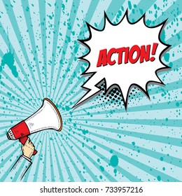 Man holding megaphone,with text action - vector illustration