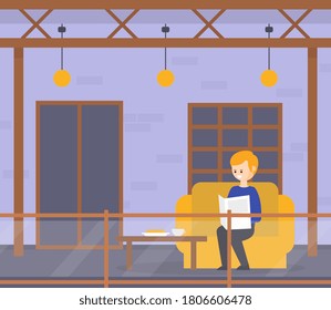 Man Holding Menu Ready to Order Dishes, Hotel Restaurant Interior Cartoon Vector Illustration