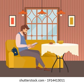 El hombre sostiene un menú listo para pedir platos. Carácter masculino en traje de negocios comiendo donut en el restaurante. Dibujo vectorial del restaurante interior del hotel. Businessman examina una variedad de comidas