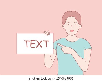 Man holding a message board. Hand drawn style vector design illustration. flat style man pointing to text.