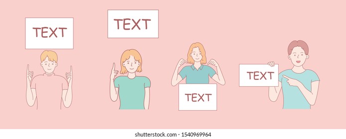 Man holding a message board. Hand drawn style vector design illustration. flat style man pointing to text.