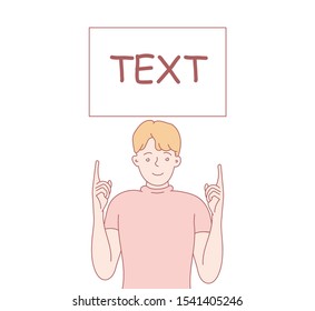 Man holding a message board. Hand drawn style vector design illustration. flat style man pointing to text.