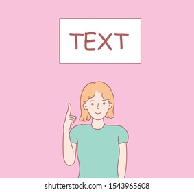 Man holding a message board. Hand drawn style vector design illustration. flat style man pointing to text.