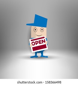 Man holding message: Open