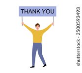 Man holding message with text thank you in flat design on white background.