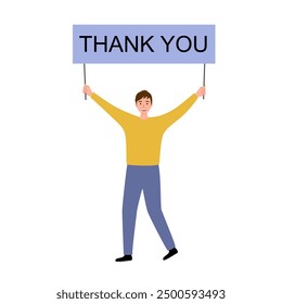 Man holding message with text thank you in flat design on white background.