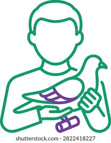 Man holding messenger pigeon with scroll, strategic communication vector icon.