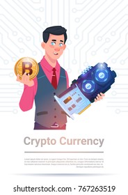 Man Holding Microchip And Bitcoin Over Motherboard Background Crypto Currency Concept Flat Vector Illustration