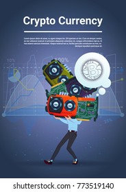 Man Holding Microchips Bitcoins Concept Digital Crypto Currency Modern Web Money Over Blue Background With Financial Charts Vector Illustration