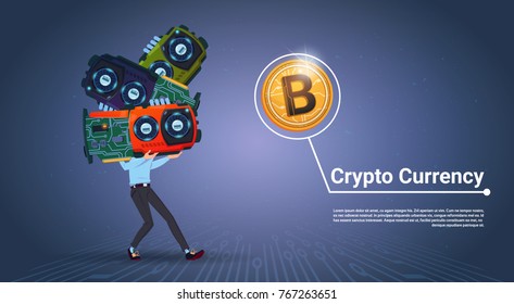 Man Holding Microchips Crypto Currency Concept Digital Modern Web Bitcoins Over Blue Background Vector Illustration
