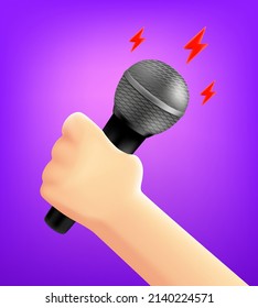 Man holding microphone in a hand. 3d vector illustration
