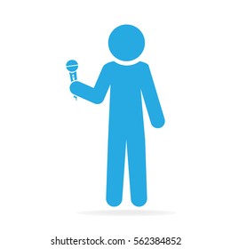 Man holding microphone icon, interview answering question, reporter concept