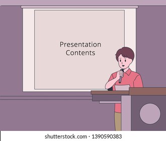 A man holding a microphone and making a presentation in front of the screen. hand drawn style vector design illustrations. 