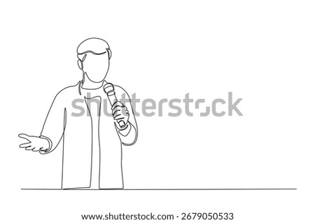 Man holding microphone singing favorite song in continuous one line drawing. Single line art illustration of vocalist performing in festival.
